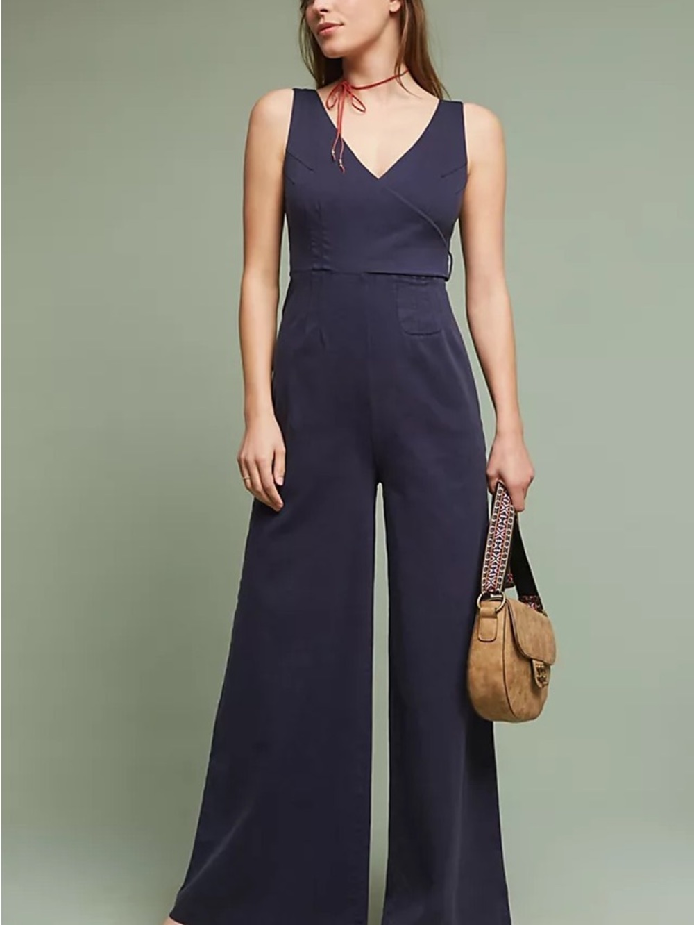 Anthropologie Chino Navy Blue V-Neck Wide Leg Jumpsuit